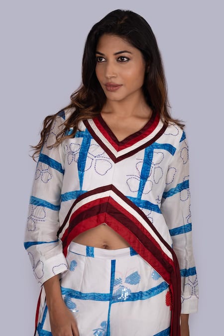 Shop_Jajobaa_Blue Silk Sequins, Pearls V-neck Geometrical Print Top And Pant Set _Online_at_Aza_Fashions