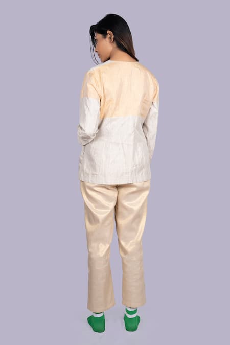 Jajobaa Silver and Gold Tissue Overcoat & Pant Set 
