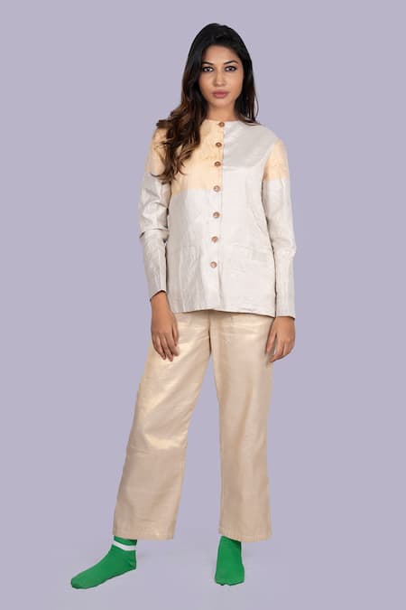 Jajobaa Silver and Gold Tissue Overcoat & Pant Set 