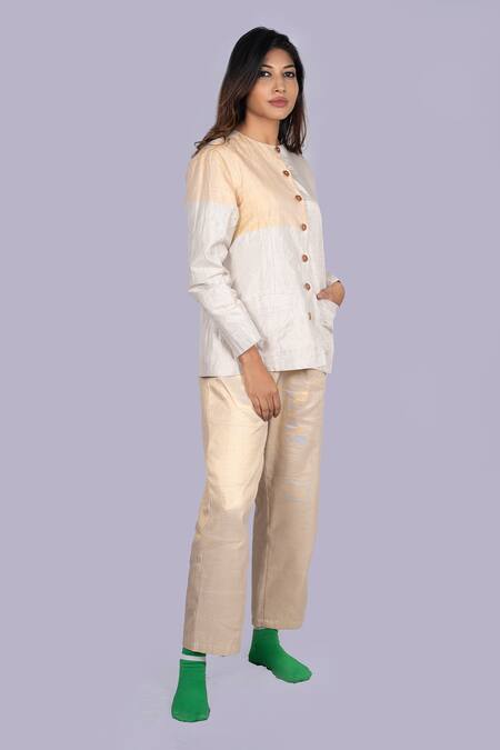 Buy_Jajobaa_Gold Tissue Silver And Overcoat And Pant Set _Online_at_Aza_Fashions