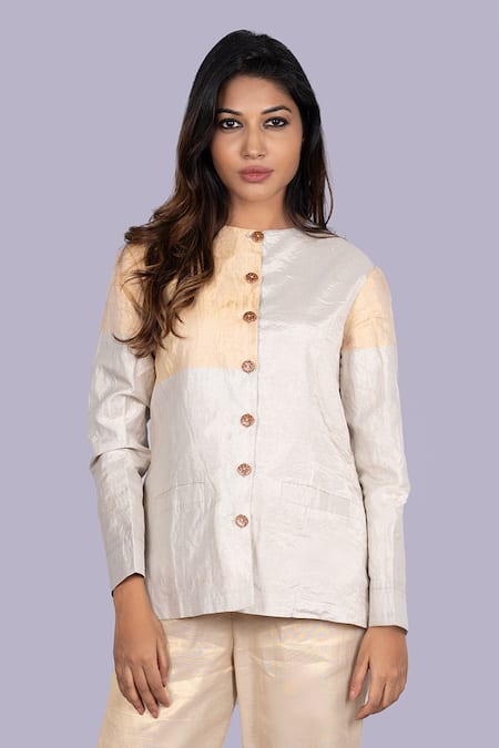 Jajobaa_Gold Tissue Silver And Overcoat And Pant Set _at_Aza_Fashions