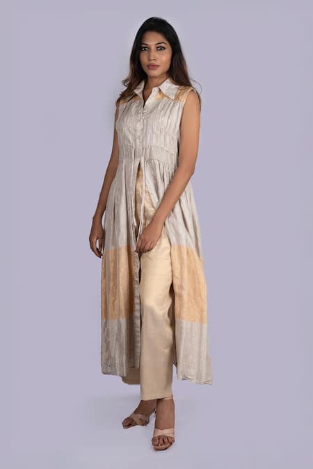 Jajobaa_Silver Tissue High Neck Designer Gathered Jacket Tunic Set _Online_at_Aza_Fashions