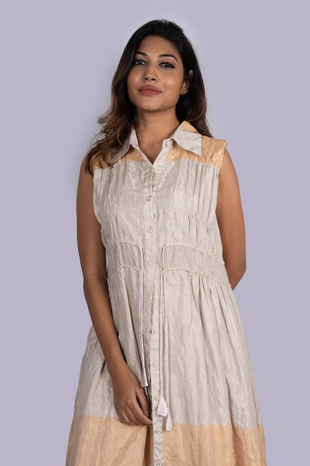 Shop_Jajobaa_Silver Tissue High Neck Designer Gathered Jacket Tunic Set _Online_at_Aza_Fashions