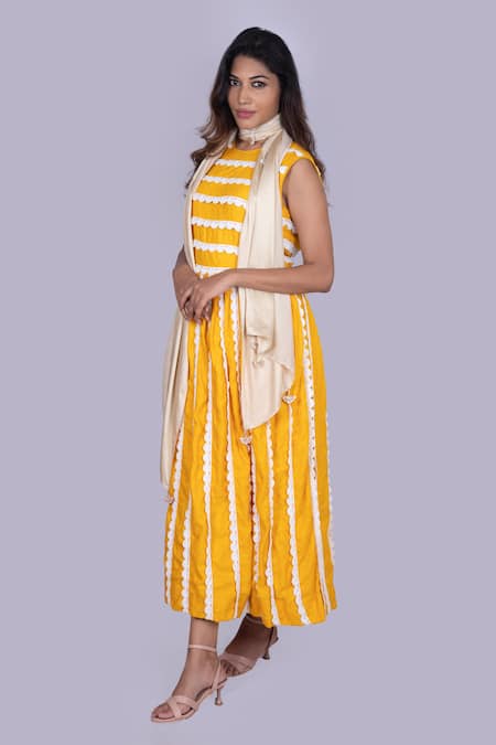 Jajobaa_Yellow Silk Embroidery Round Neck Ochre Dress _Online_at_Aza_Fashions