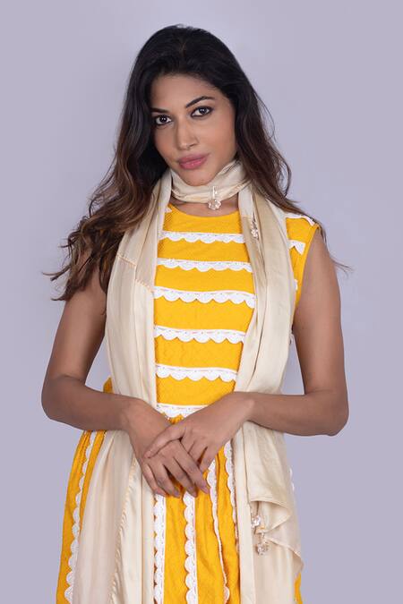 Buy_Jajobaa_Yellow Silk Embroidery Round Neck Ochre Dress _Online_at_Aza_Fashions