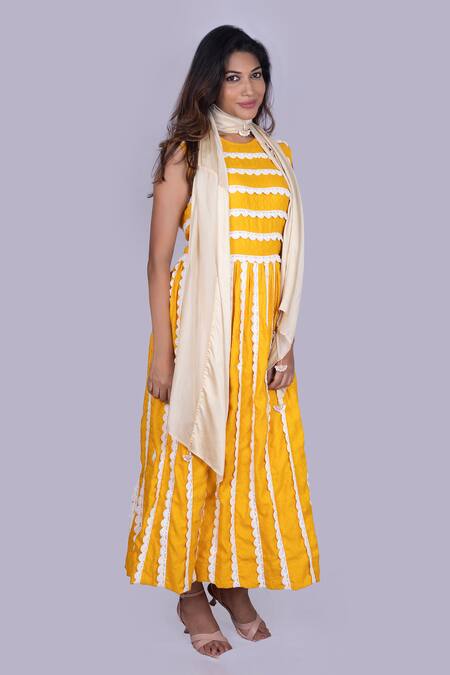 Shop_Jajobaa_Yellow Silk Embroidery Round Neck Ochre Dress _Online_at_Aza_Fashions