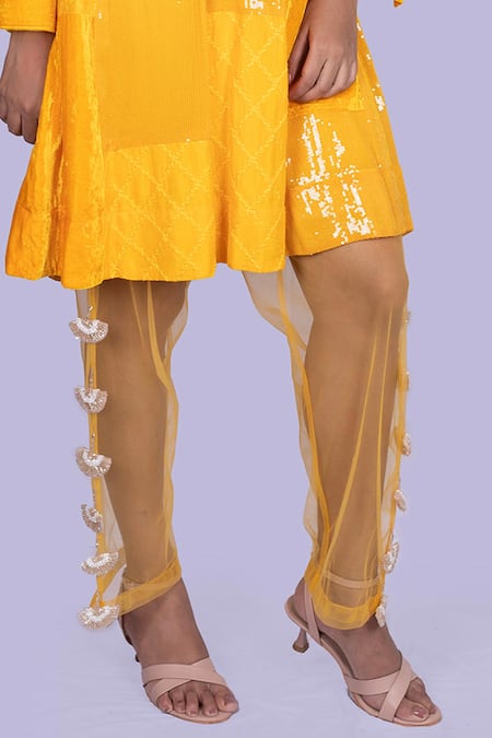 Jajobaa_Yellow Velvet, Silk Patchwork Round Neck Ochre Tunic And Pant Set _Online_at_Aza_Fashions