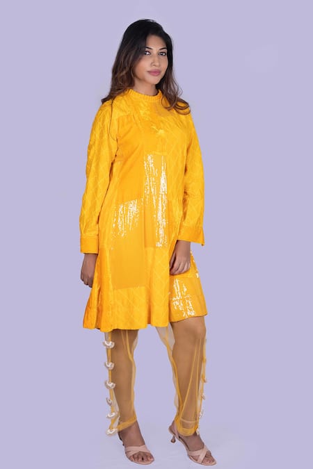 Buy_Jajobaa_Yellow Velvet, Silk Patchwork Round Neck Ochre Tunic And Pant Set _Online_at_Aza_Fashions