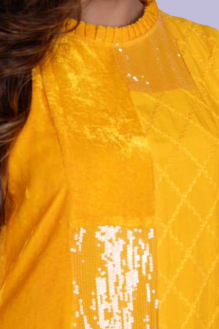 Shop_Jajobaa_Yellow Velvet, Silk Patchwork Round Neck Ochre Tunic And Pant Set _Online_at_Aza_Fashions