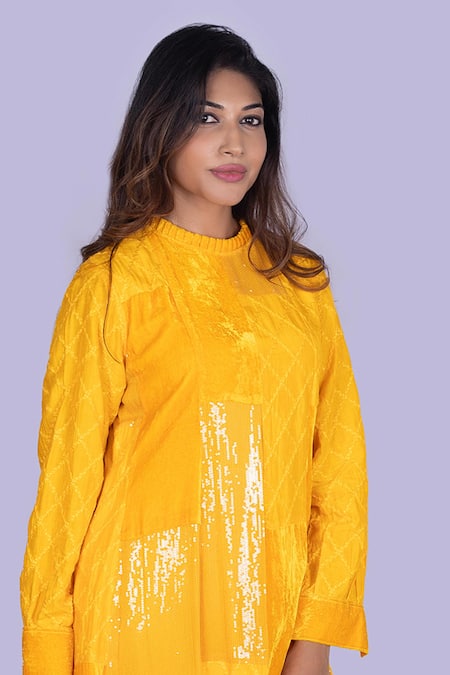 Jajobaa_Yellow Velvet, Silk Patchwork Round Neck Ochre Tunic And Pant Set _at_Aza_Fashions