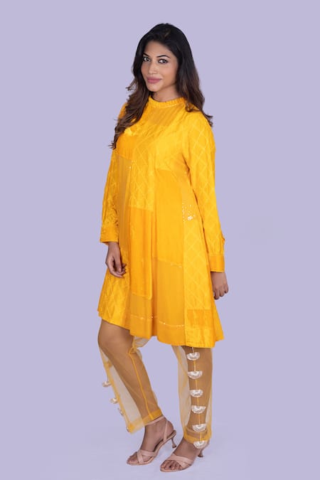 Buy_Jajobaa_Yellow Velvet, Silk Patchwork Round Neck Ochre Tunic And Pant Set 