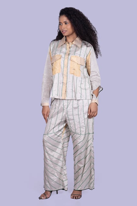 Buy_Jajobaa_Gold Tissue Pearls Collared And Silver Shirt Pant Set _Online_at_Aza_Fashions