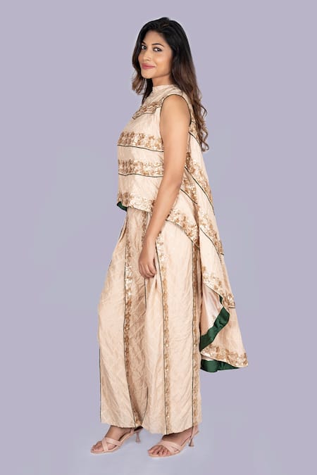 Jajobaa_Beige Silk Embroidery High Neck Golden Top And Pant Set _Online_at_Aza_Fashions