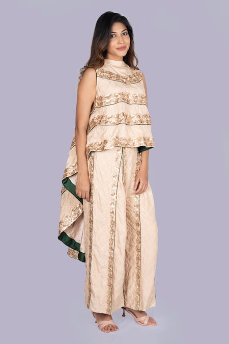 Buy_Jajobaa_Beige Silk Embroidery High Neck Golden Top And Pant Set _Online_at_Aza_Fashions