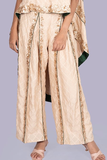 Shop_Jajobaa_Beige Silk Embroidery High Neck Golden Top And Pant Set _Online_at_Aza_Fashions