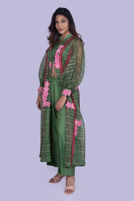 Jajobaa_Green Organza Embroidery High Neck Emerald Jacket And Pant Set _Online_at_Aza_Fashions