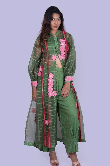 Buy_Jajobaa_Green Organza Embroidery High Neck Emerald Jacket And Pant Set _Online_at_Aza_Fashions