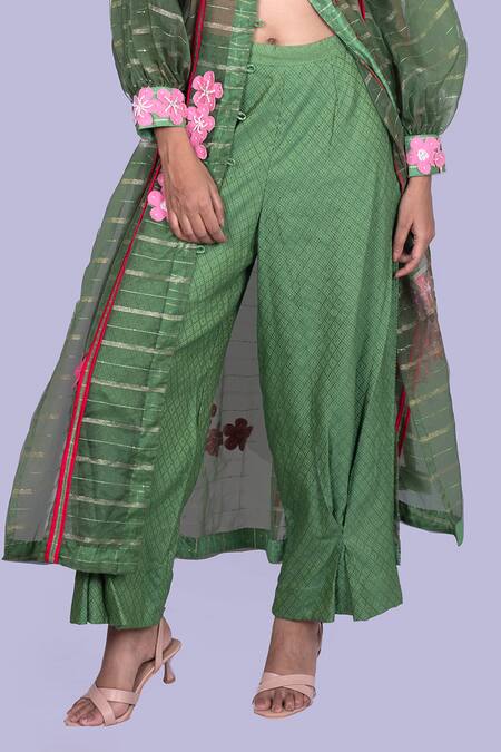 Shop_Jajobaa_Green Organza Embroidery High Neck Emerald Jacket And Pant Set _Online_at_Aza_Fashions