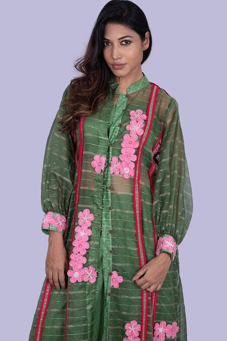 Jajobaa_Green Organza Embroidery High Neck Emerald Jacket And Pant Set _at_Aza_Fashions