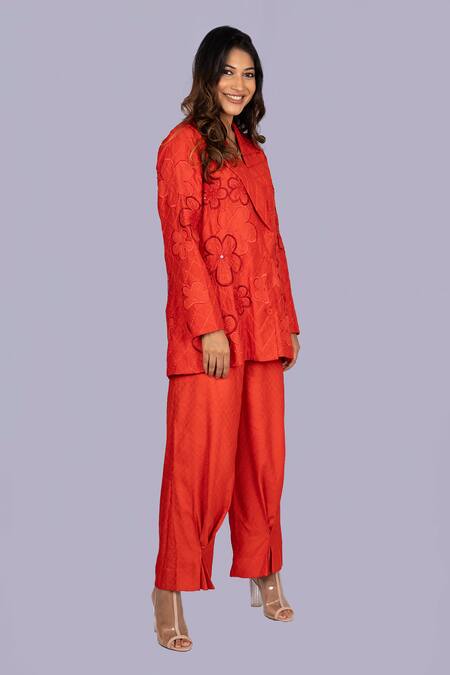 Buy_Jajobaa_Red Silk Embroidery, Patchwork Floral Blazer And Pant Set _Online_at_Aza_Fashions