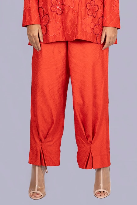 Shop_Jajobaa_Red Silk Embroidery, Patchwork Floral Blazer And Pant Set _Online_at_Aza_Fashions