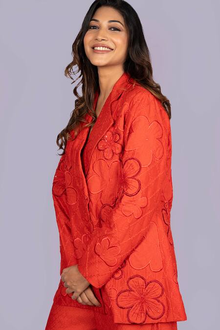 Jajobaa_Red Silk Embroidery, Patchwork Floral Blazer And Pant Set _at_Aza_Fashions