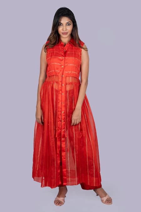 Jajobaa Red Translucent Gathered Jacket & Pant Set 