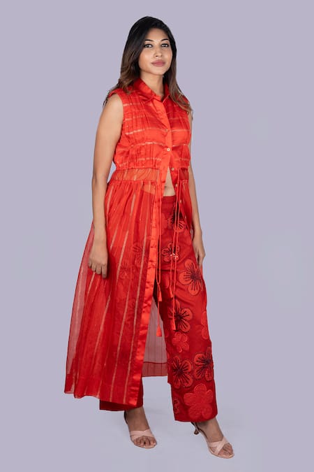 Jajobaa_Red Organza, Silk Patchwork High Neck Translucent Gathered Jacket And Pant Set _Online_at_Aza_Fashions
