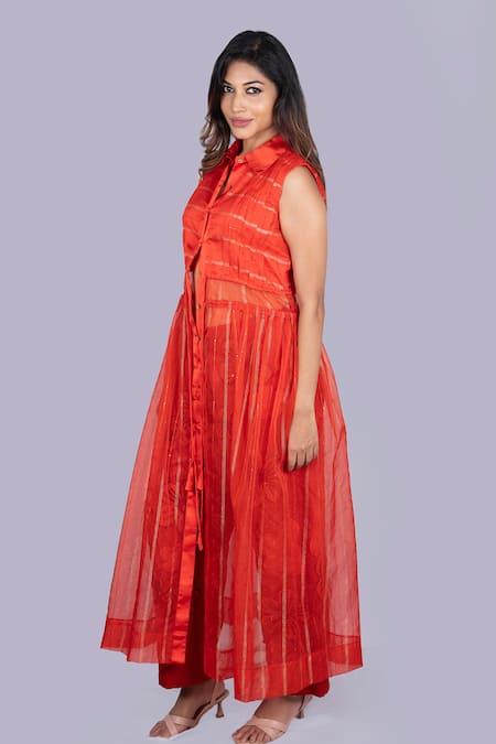Buy_Jajobaa_Red Organza, Silk Patchwork High Neck Translucent Gathered Jacket And Pant Set _Online_at_Aza_Fashions