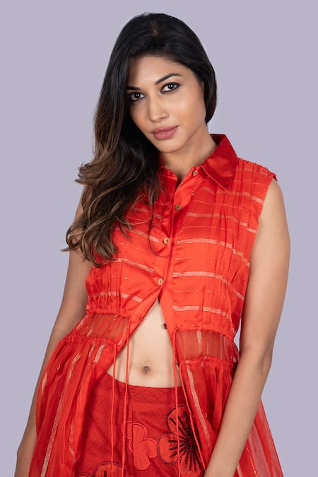 Shop_Jajobaa_Red Organza, Silk Patchwork High Neck Translucent Gathered Jacket And Pant Set _Online_at_Aza_Fashions