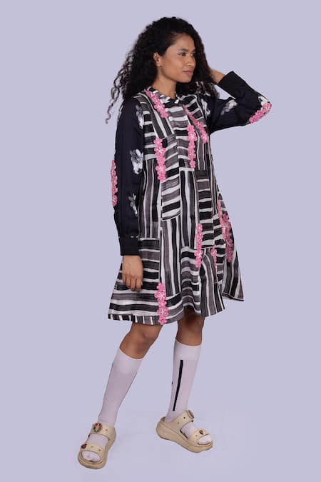 Buy_Jajobaa_Black Silk, Linen Embroidery, Pearls High Neck Geometrical Print Dress _Online_at_Aza_Fashions