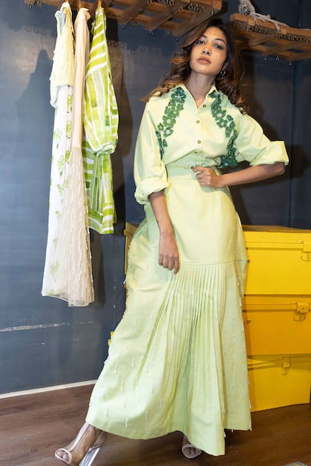 Jajobaa Embroidered Green Denim Shirt & A-Line Skirt Set 