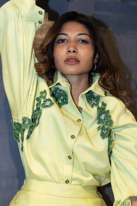 Jajobaa_Green Denim Embroidery, Pearls High Neck Shirt And A-line Skirt Set _Online_at_Aza_Fashions