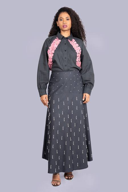 Jajobaa_Black Denim Embroidery High Neck Shirt And A Line Skirt Set _Online_at_Aza_Fashions