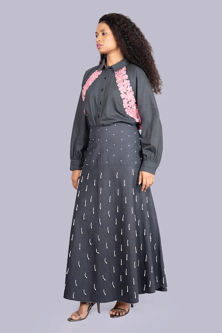 Buy_Jajobaa_Black Denim Embroidery High Neck Shirt And A Line Skirt Set _Online_at_Aza_Fashions