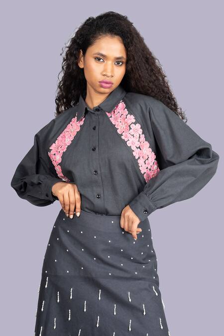 Shop_Jajobaa_Black Denim Embroidery High Neck Shirt And A Line Skirt Set _Online_at_Aza_Fashions