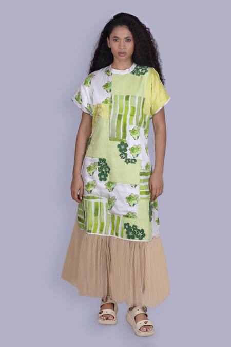 Jajobaa_Green Silk, Net Embroidery Round Neck Geometrical Print Designer Dress _Online_at_Aza_Fashions