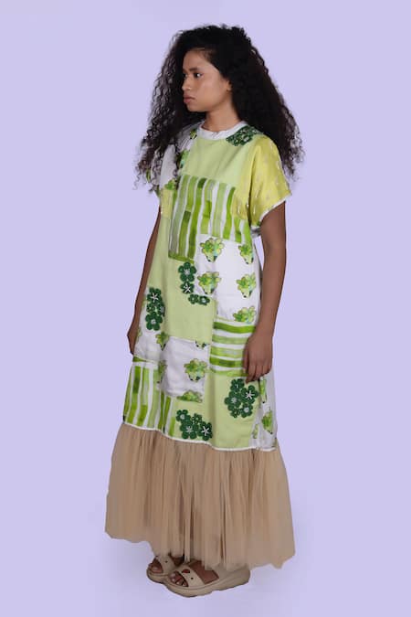 Buy_Jajobaa_Green Silk, Net Embroidery Round Neck Geometrical Print Designer Dress _Online_at_Aza_Fashions