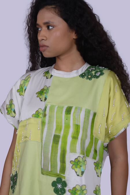 Shop_Jajobaa_Green Silk, Net Embroidery Round Neck Geometrical Print Designer Dress _Online_at_Aza_Fashions