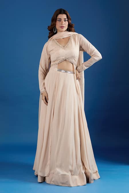 Buy_Samyukta Singhania_Beige Chinon Sequins, Embroidery V-neck Blouse And Skirt Set _Online_at_Aza_Fashions