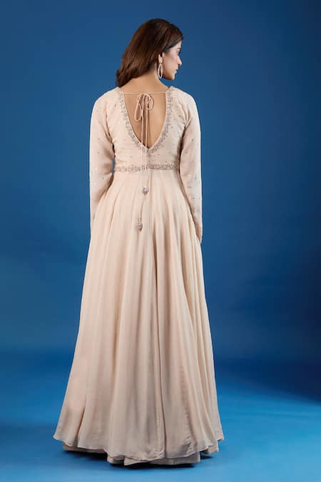 Samyukta Singhania_Beige Chinon Sequins, Embroidery V-neck Blouse And Skirt Set _Online_at_Aza_Fashions