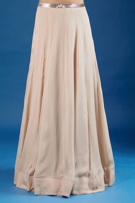 Samyukta Singhania_Beige Chinon Sequins, Embroidery V-neck Blouse And Skirt Set _at_Aza_Fashions