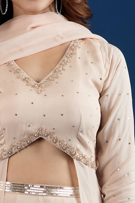 Buy_Samyukta Singhania_Beige Chinon Sequins, Embroidery V-neck Blouse And Skirt Set 