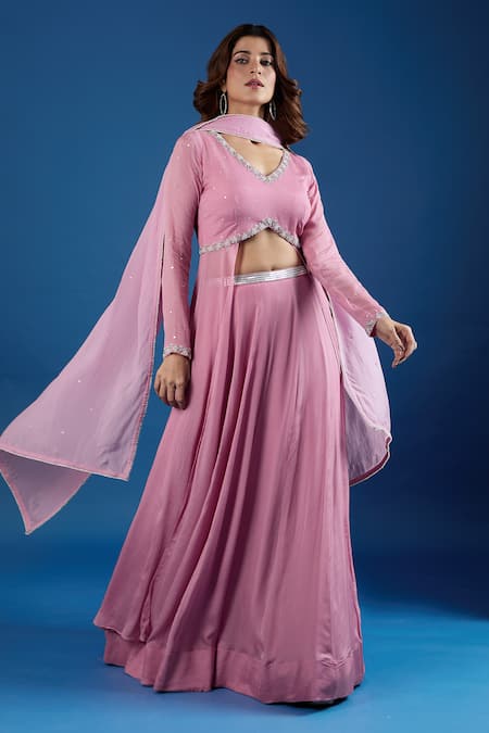 Shop_Samyukta Singhania_Pink Chinon Sequins, Embroidery V-neck Blouse And Skirt Set _Online_at_Aza_Fashions