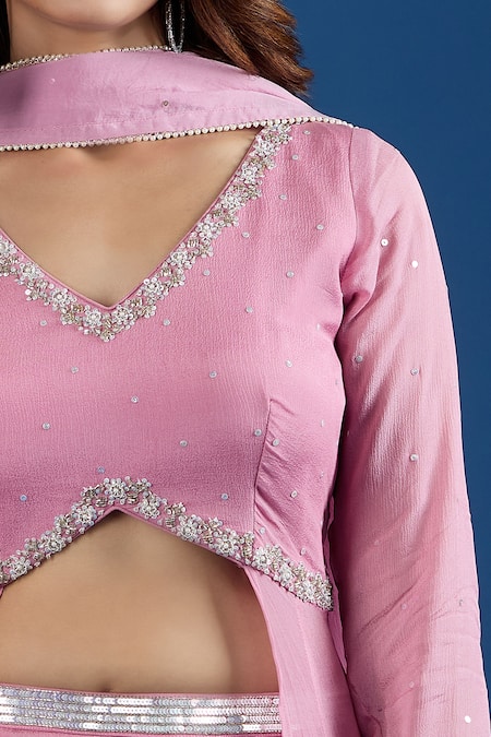 Samyukta Singhania_Pink Chinon Sequins, Embroidery V-neck Blouse And Skirt Set _at_Aza_Fashions