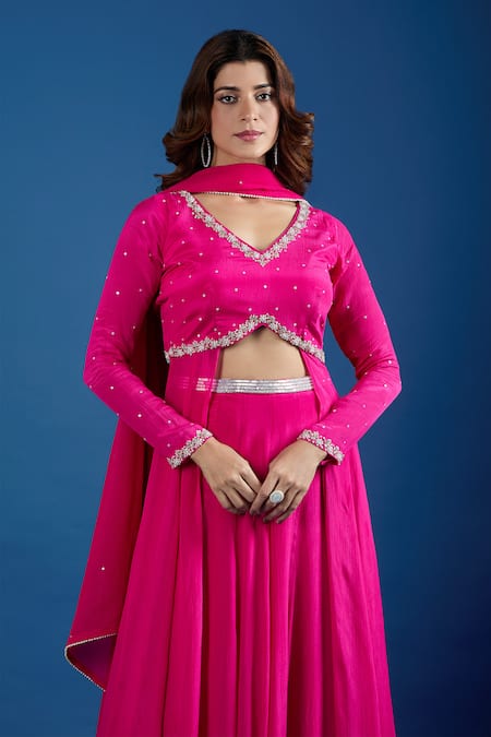 Samyukta Singhania_Pink Chinon Sequins, Embroidery V-neck Blouse And Skirt Set _at_Aza_Fashions