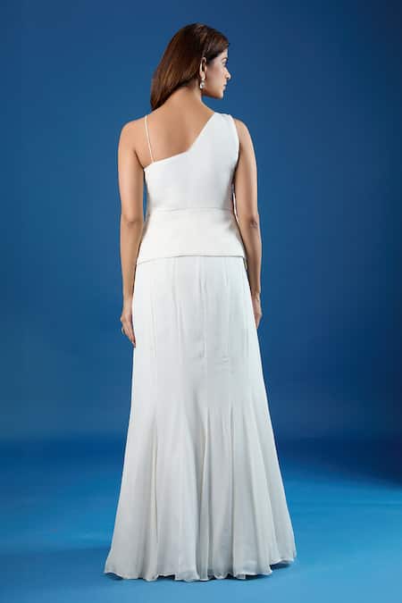 Samyukta Singhania_White Chinon Sequins Asymmetric Embroidered Blouse And Skirt Set _Online_at_Aza_Fashions