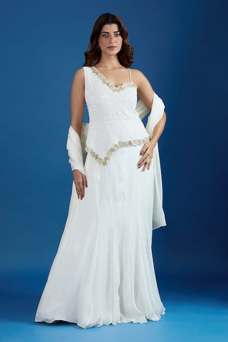 Samyukta Singhania White Chinon Sequins Asymmetric Embroidered Blouse And Skirt Set