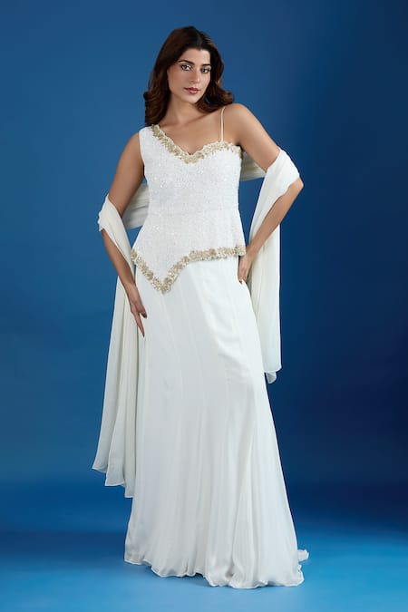 Buy_Samyukta Singhania_White Chinon Sequins Asymmetric Embroidered Blouse And Skirt Set 