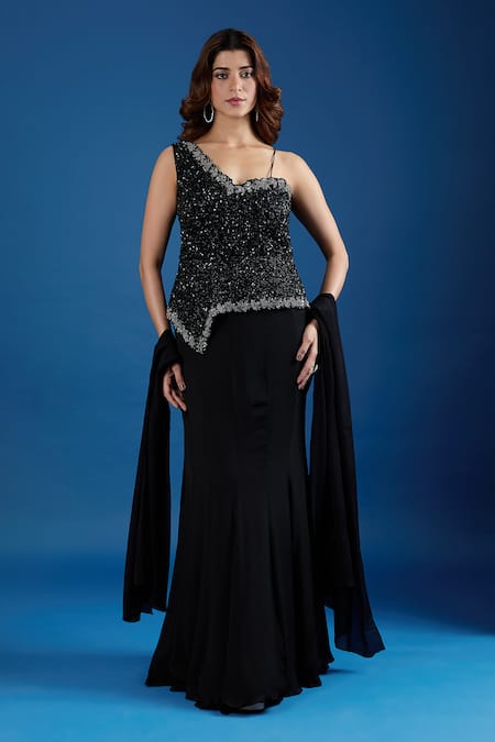 Samyukta Singhania Sequin Embroidered Asymmetric Blouse & Skirt Set 